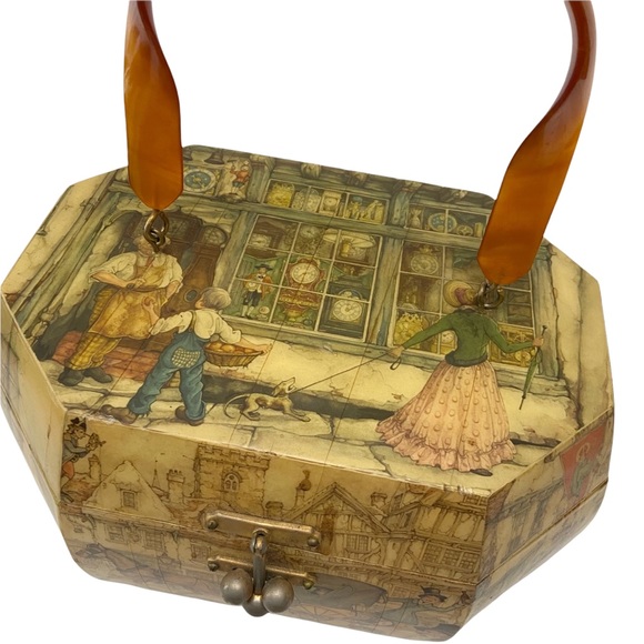 Vintage 1970s Anton Pieck Street Scene Decoupage Wood Box Lucite Purse Handbag - Picture 6 of 13